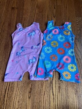 Girls 2-Pack Short Gymnastics Rompers - Unicorn & Donut Prints - Pink & Blue